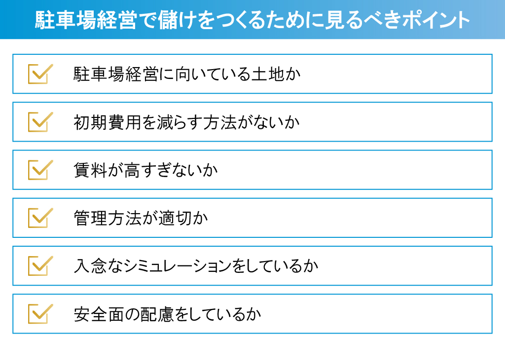 駐車場経営で儲けをつくるために見るべきポイントの図解